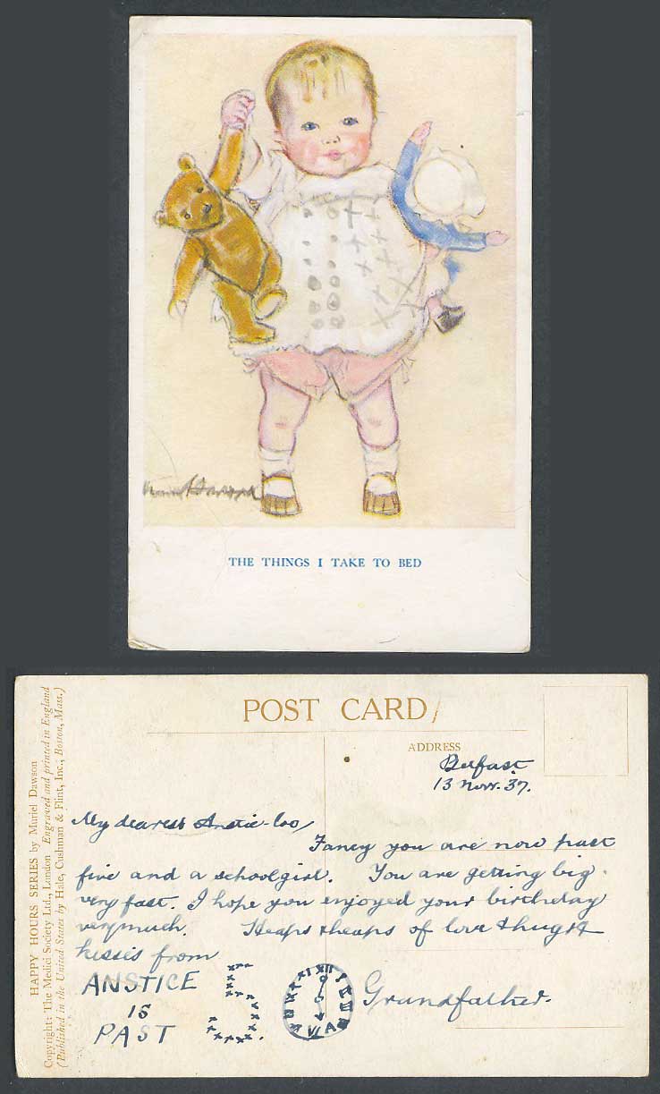 Teddy Bear Doll, The Things I Take to Bed Old Postcard Happy Hours Muriel Dawson