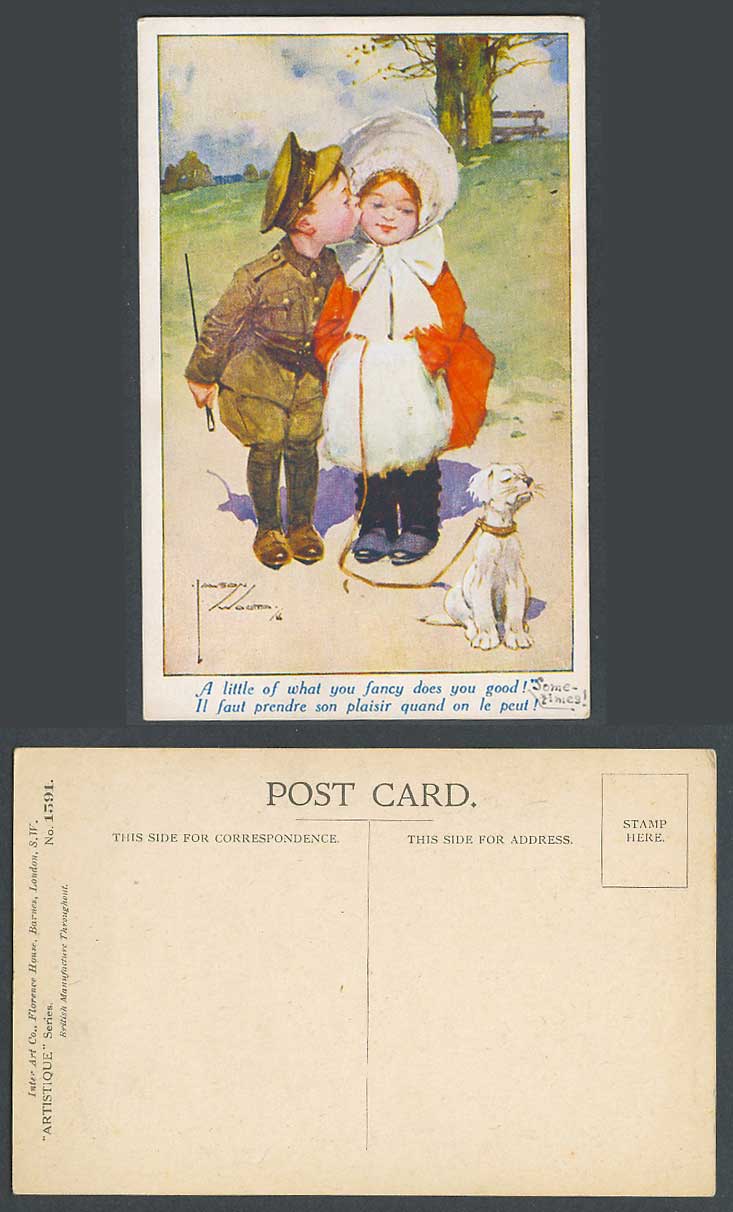 Lawson Wood Old Postcard Soldier Kissing Girl Dog Puppy little of what you Fancy