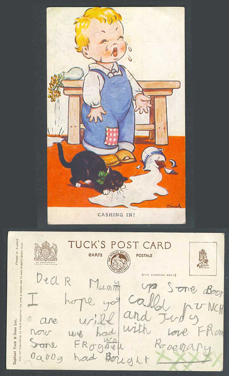 DINAH Artist Signed Old Tuck's Postcard Cashing In Black Cat Kitten Spilled Milk