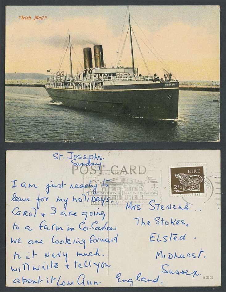 Ireland Irish Mail Steamer Steam Ship, Ulster, Shipping 1971 Old Colour Postcard