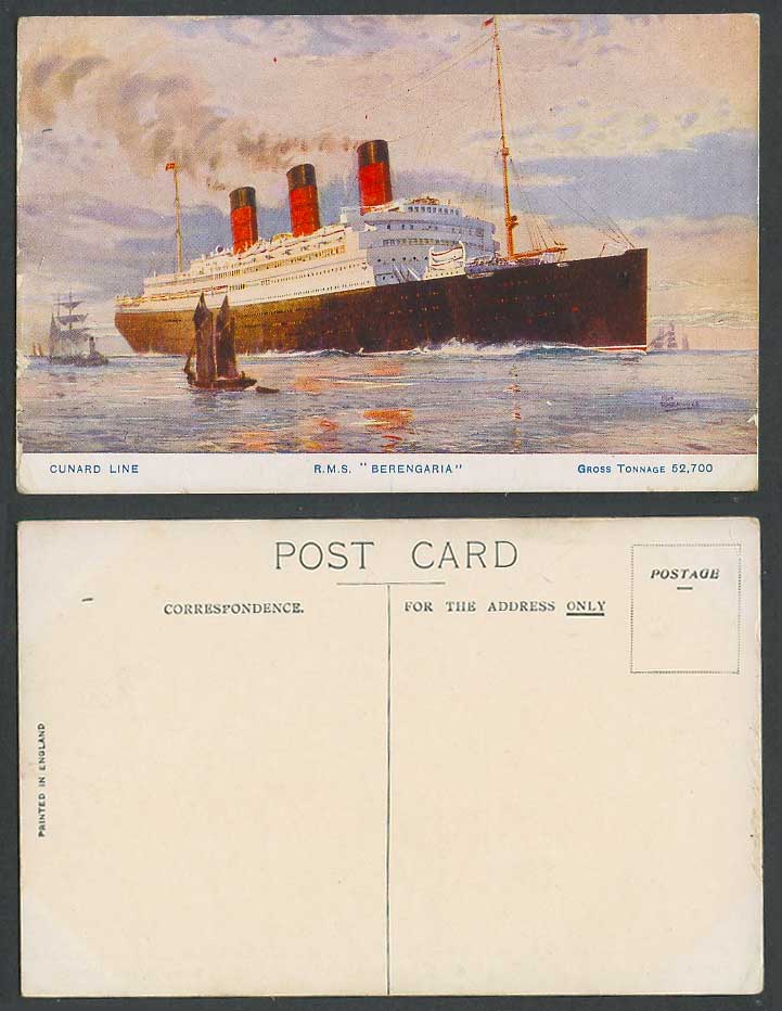 R.M.S. Berengaria Cunard Line Royal Mail Steamer Ship Sailing Boats Old Postcard