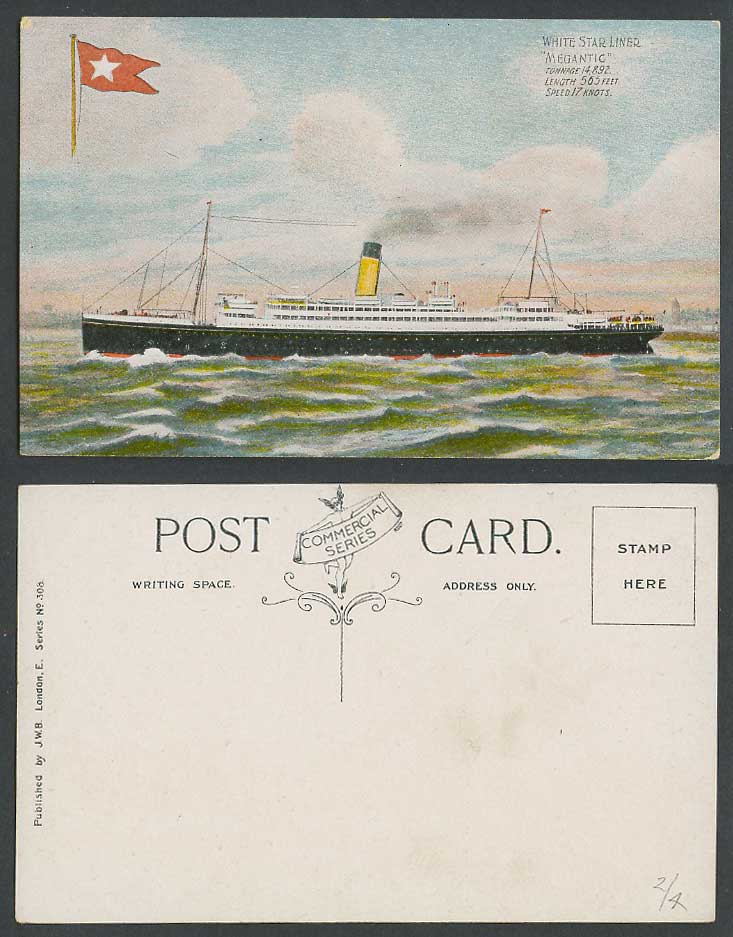 White Star Liner Megantic Steamer Steam Ship Cruise Flag Old Colour Postcard JWB