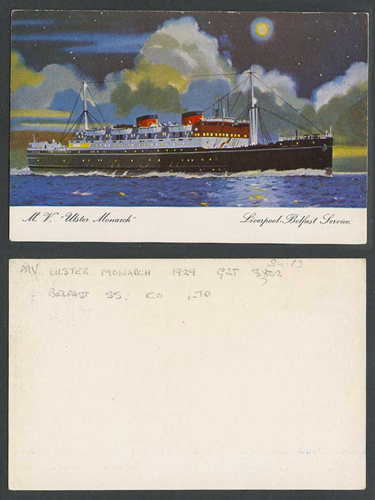 MV Ulster Monarch Motor Vessel Steam Ship Liverpool Belfast Service Old Postcard