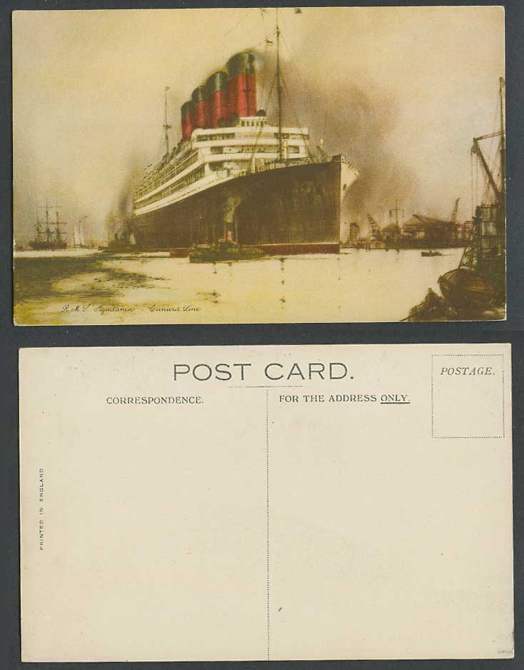 R.M.S. Aquitania Cunard Line Royal Mail Steamer Steam Ship, Harbour Old Postcard