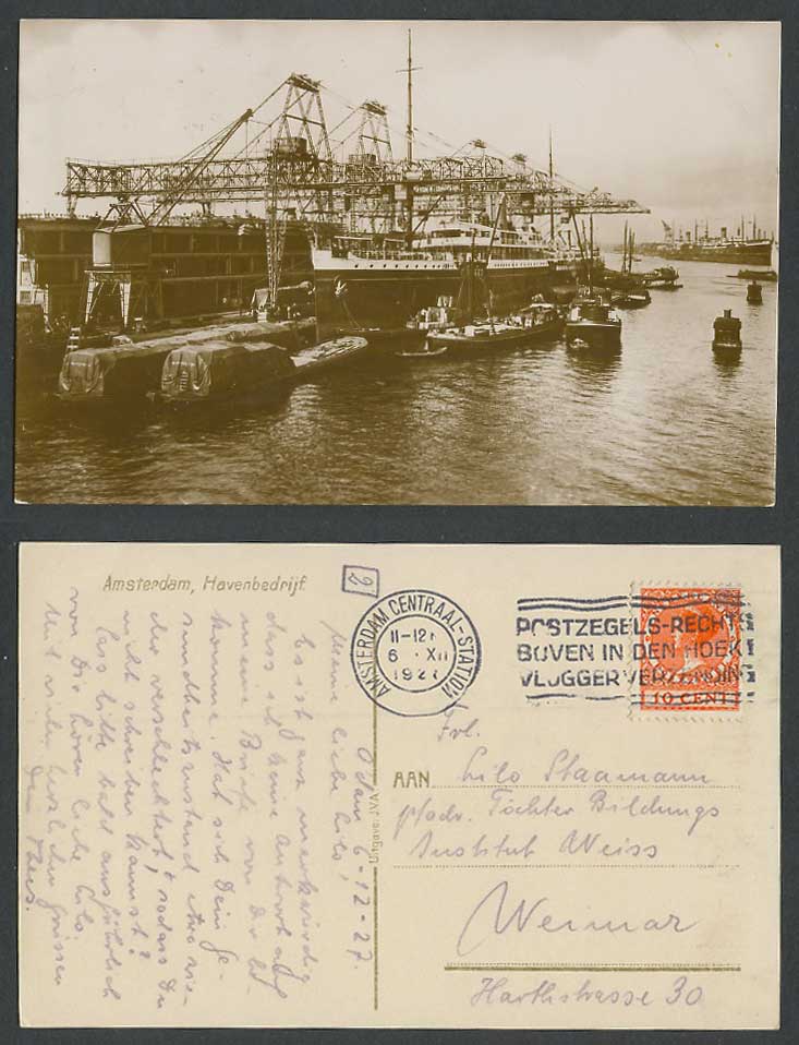 Netherlands 10c 1921 Old RP Postcard Amsterdam Havenbedrijf, Ships Boats Harbour