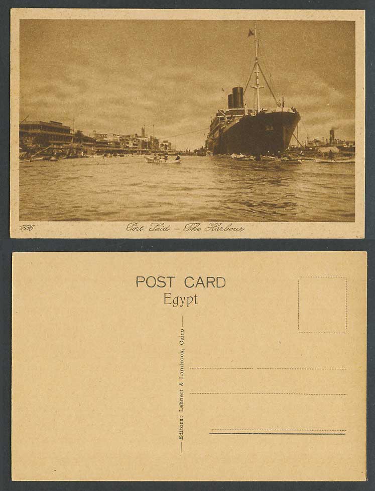Egypt Old Postcard Port Said The Harbour Steamer Steam Ship Boat Quay Lighthouse
