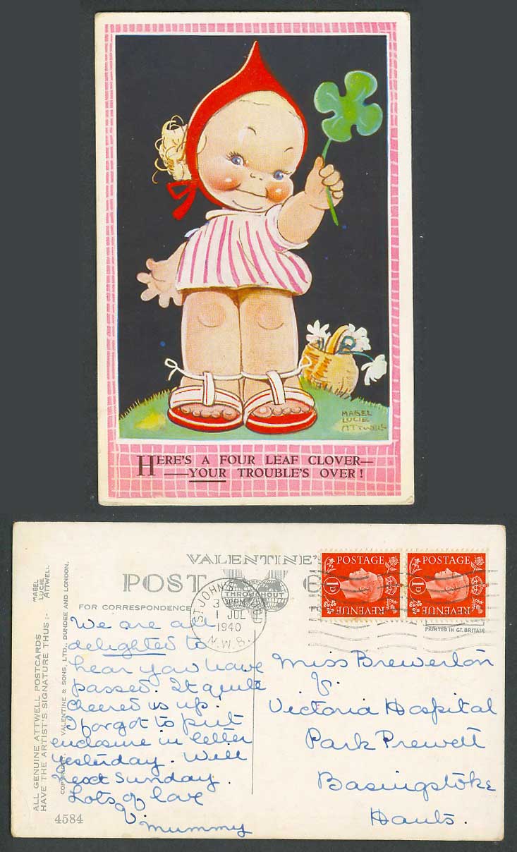 MABEL LUCIE ATTWELL 1940 Old Postcard Heres 4 Leaf Clover Ur Trouble's Over 4584