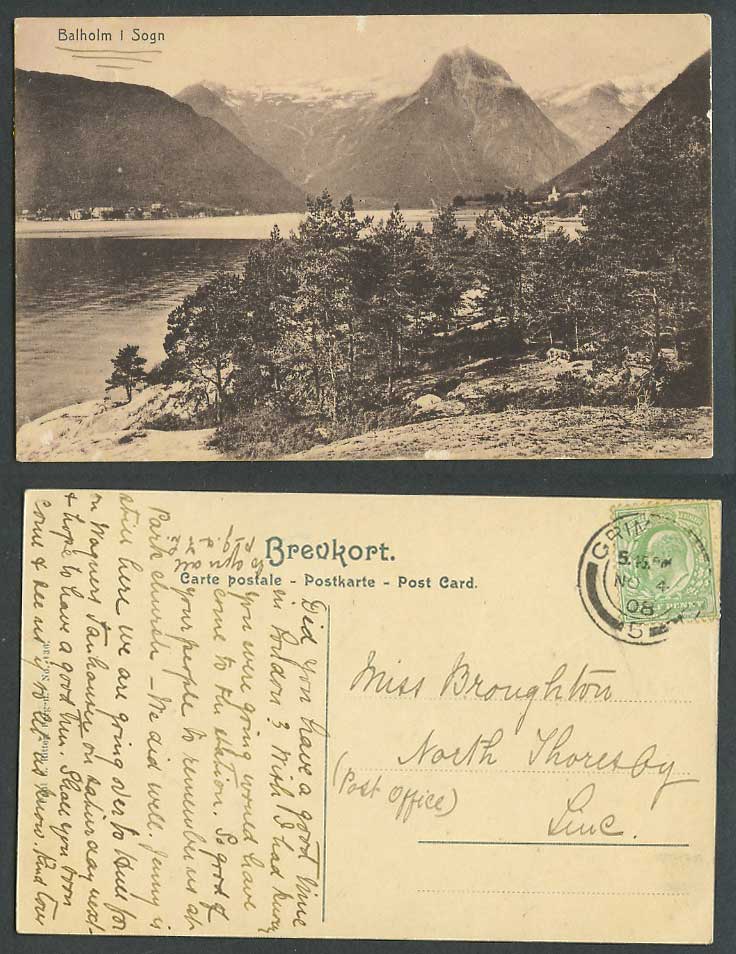 Norway GB KE7 1/2d 1908 Old Postcard Balholm i Sogn, Mountains Lake and Panorama