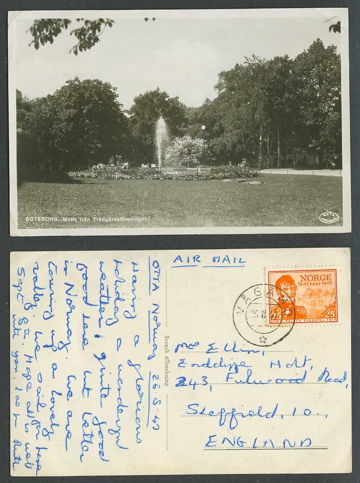 Sweden 1947 Old Postcard Goteborg Motiv fran Tradgardsforeningen Fountain Garden