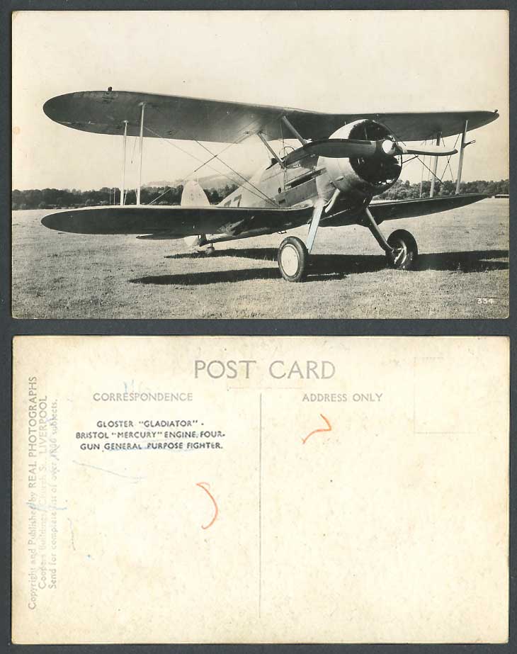 Biplane Gloster Gladiator Bristol Mercury Engine Fighter Old Real Photo Postcard
