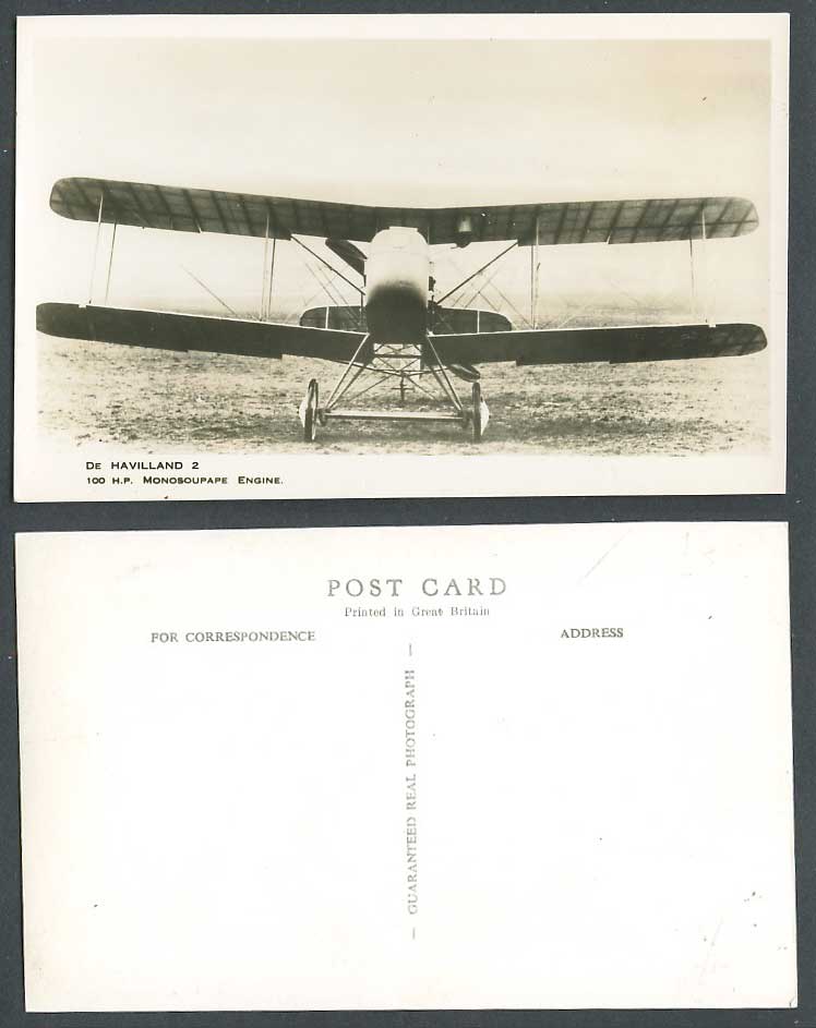 De Havilland 2 Biplane 100 H.P. Monosoupape Engine Plane Old Real Photo Postcard