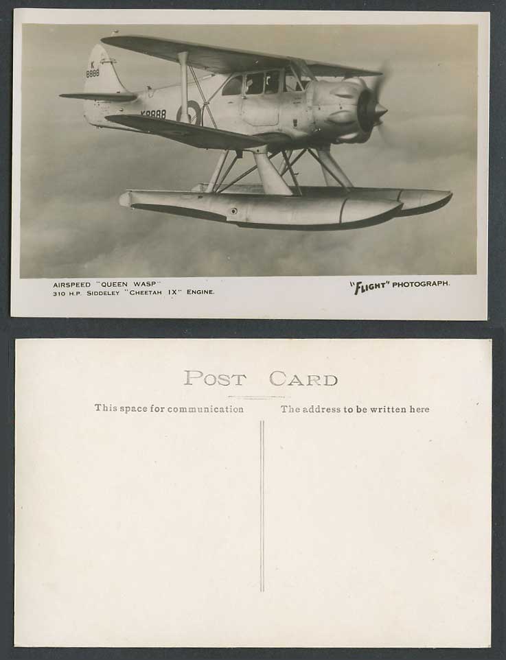 Airspeed Queen Wasp 310 H.P. Siddeley Cheetah IX Engine K8888 Plane Old Postcard