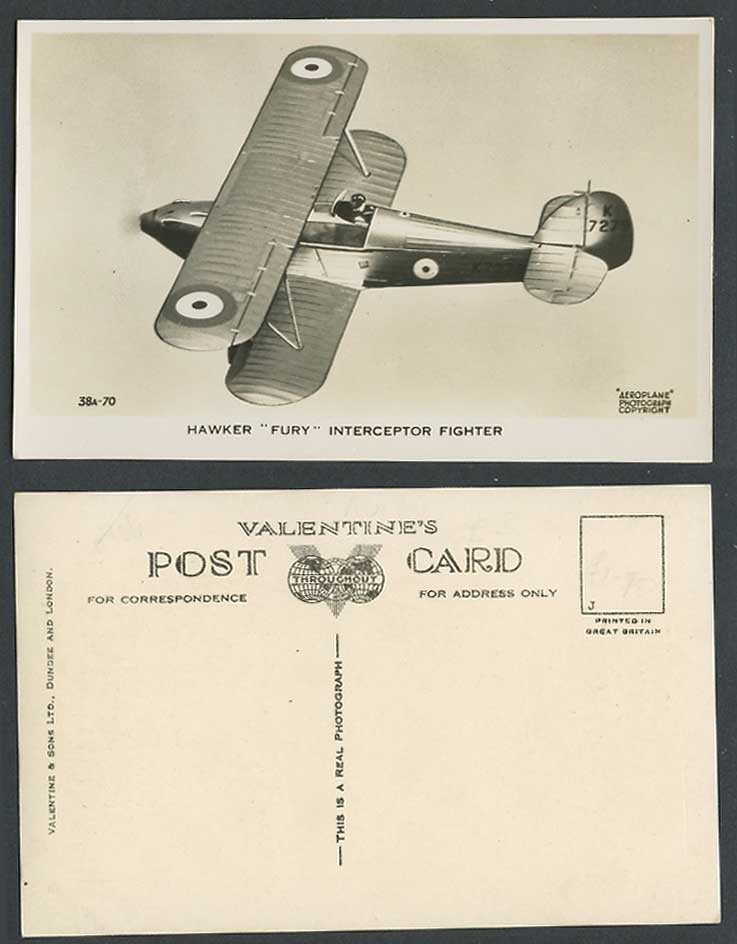 Hawker Fury Interceptor Fighter Plane K727 Biplane Royal Air Force Old Postcard