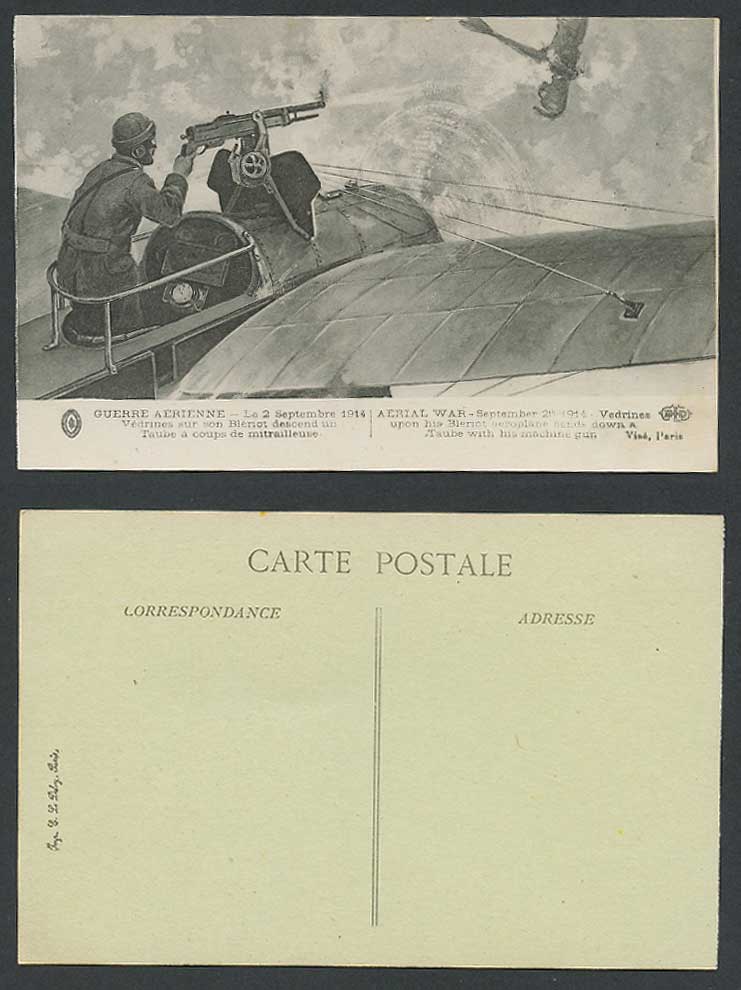 Aerial War 1914 Vedrines Blemot Aeroplane Sends a Taube Machine Gun Old Postcard