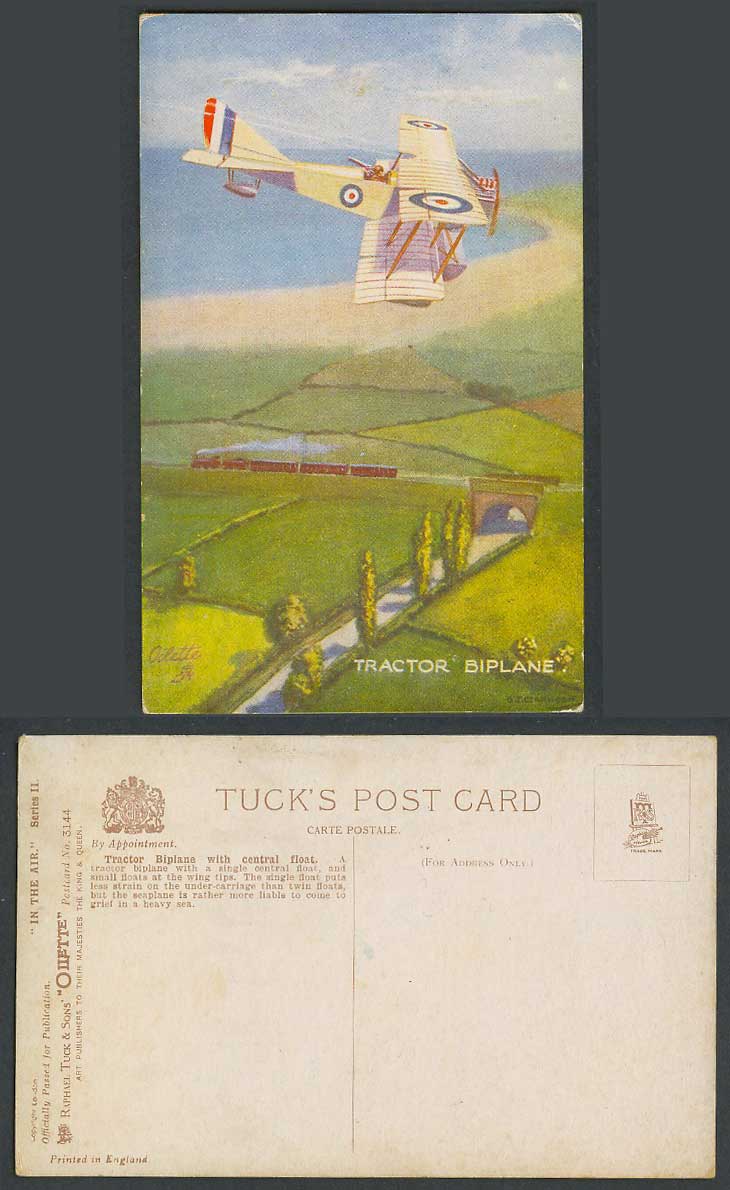 Tractor Biplane Single Float In Air Old Tuck's Oilette Postcard Locomotive Train