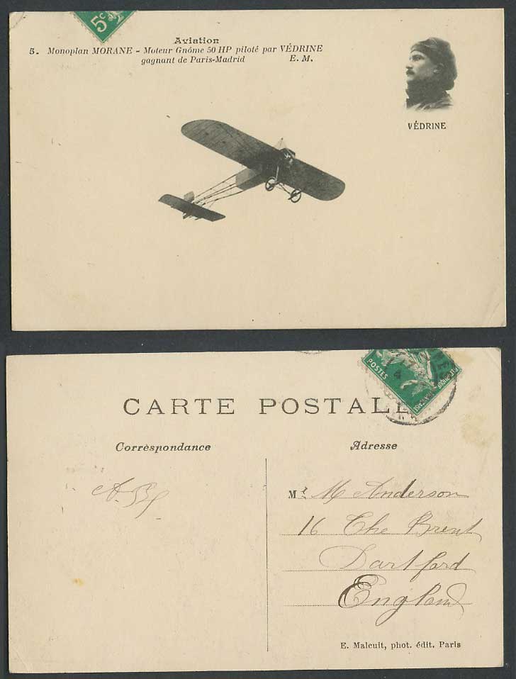 Monoplane Monoplan Morane, Moteur Gnome 50 hp Engine, Pilot VEDRINE Old Postcard