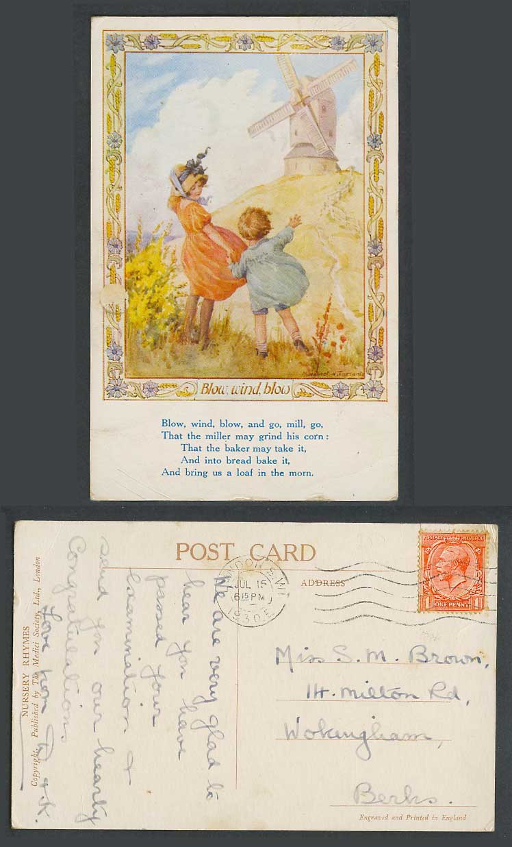 Margaret W. Tarrant 1930 Old Postcard Wind Blow WINDMILL Nursery Rhymes Children