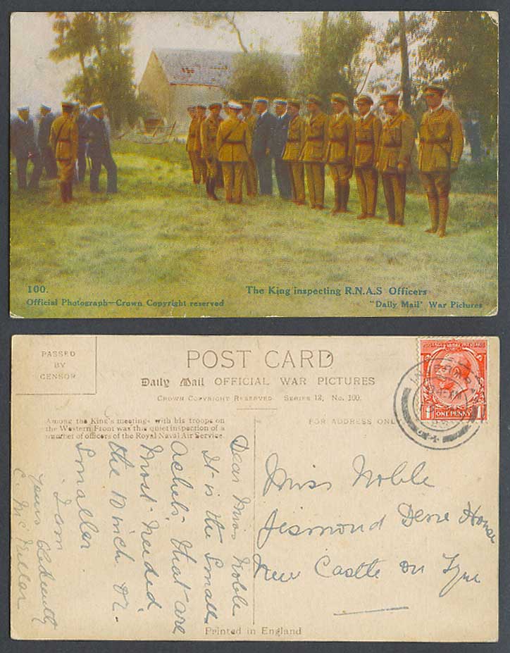 WW1 DailyMail Old Postcard King Inspecting RNAS Officers Royal Naval Air Service