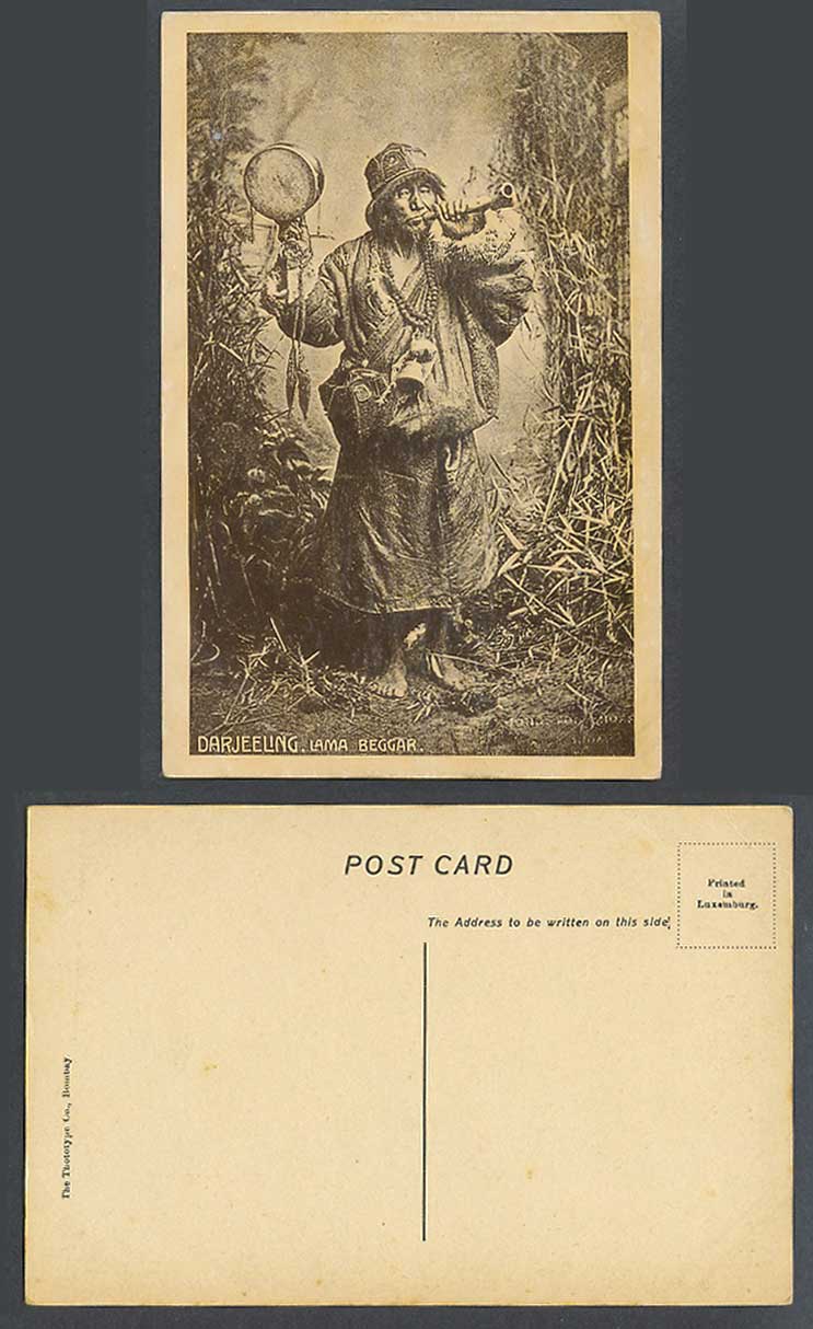 TIBET China India Old Postcard TIBETAN LAMA BEGGAR with Horn & Shawm, Darjeeling