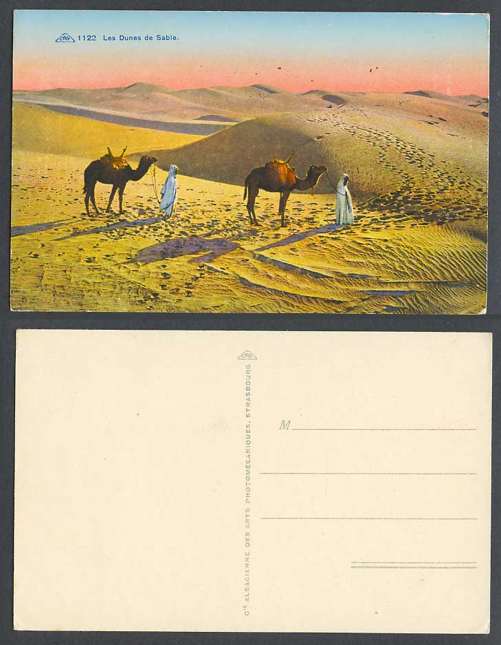 Egypt Old Postcard Les Dunes de Sable, Camels Arabe Men Desert Sand Dunes Sunset
