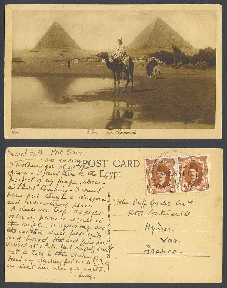 Egypt King Faud I 5d x2 1926 Old Postcard Cairo The Pyramids Camel Donkey Riders