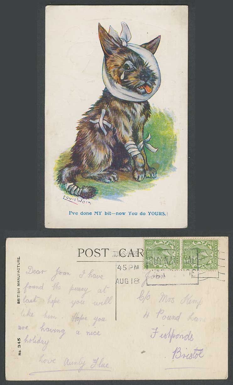 Louis Wain Artist Signed Wounded Dog, Done My Bit Now Do Yours 1918 Old Postcard