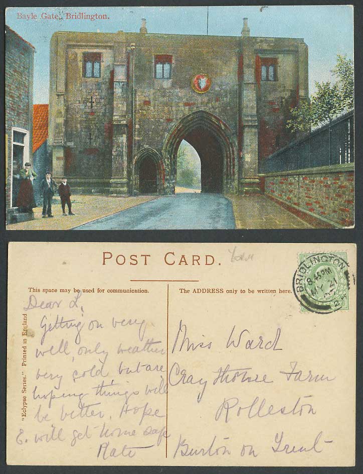 Bridlington 1907 Old Postcard Bayle Gate Coat of Arms Street Scene Boy Yorkshire