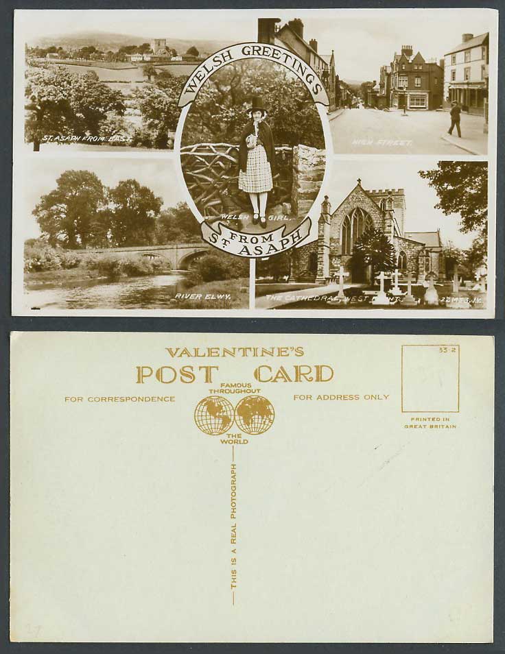 St. Asaph from E High Street River Elwy Bridge Cathedral Welsh Girl Old Postcard