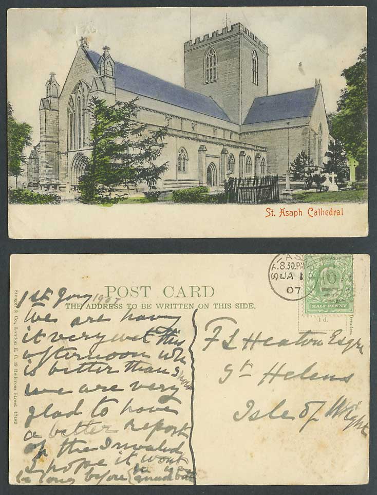 St. Asaph Cathedral 1907 Old Hand Tinted Postcard Church Churchyard Denbighshire