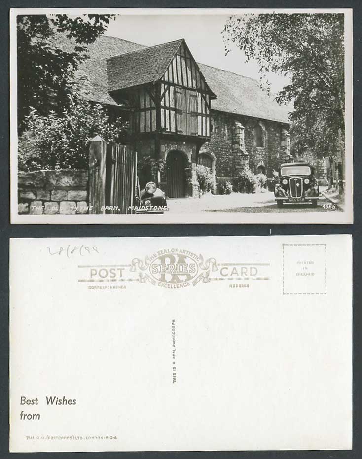 Maidstone Kent Old Real Photo Postcard Old Tithe Barn, Vintage Motor Car GKK 658