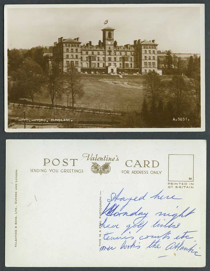 Dunblane Hotel Hydro, Scottish Flag Clock Tower Perthshire Old R. Photo Postcard