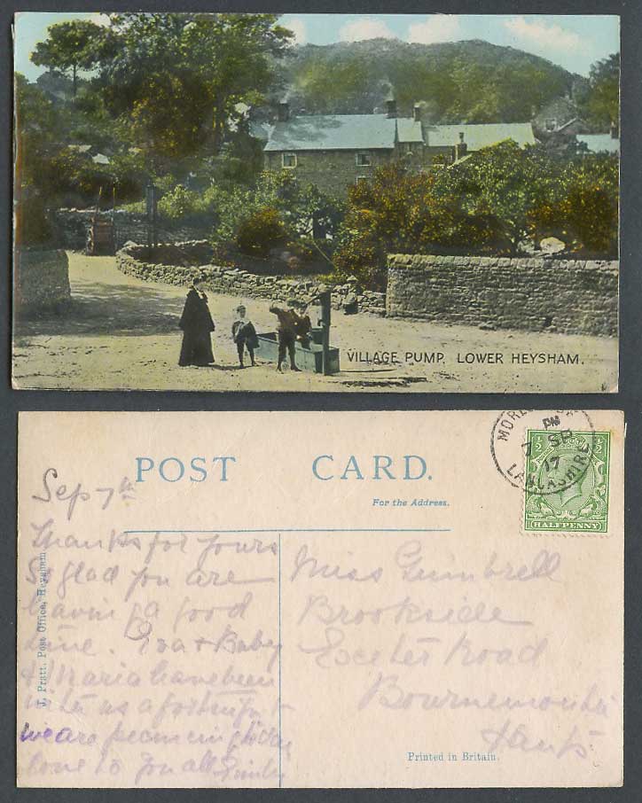 Lower Heysham 1917 Old Postcard Village Pump, Street Scene Woman Boys Lancashire