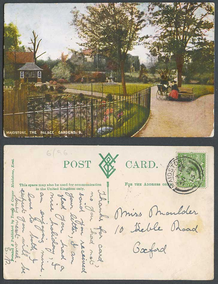 Maidstone 1913 Old Colour Postcard The Palace Gardens, Woman with Baby Pushchair