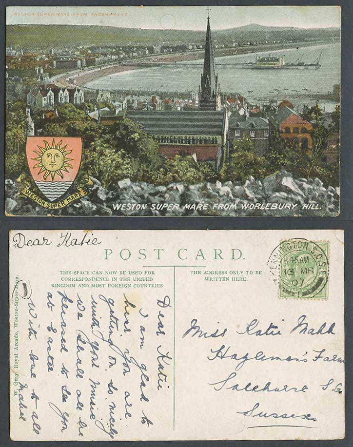 Weston-Super-Mare 1907 Old Postcard From Worlebury Hill Pier Church Coat of Arms