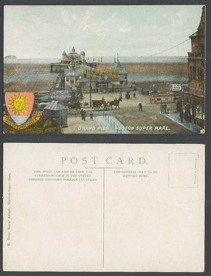 Weston-Super-Mare Old Postcard Grand Pier, Beach Street Scene Horse Coat of Arms