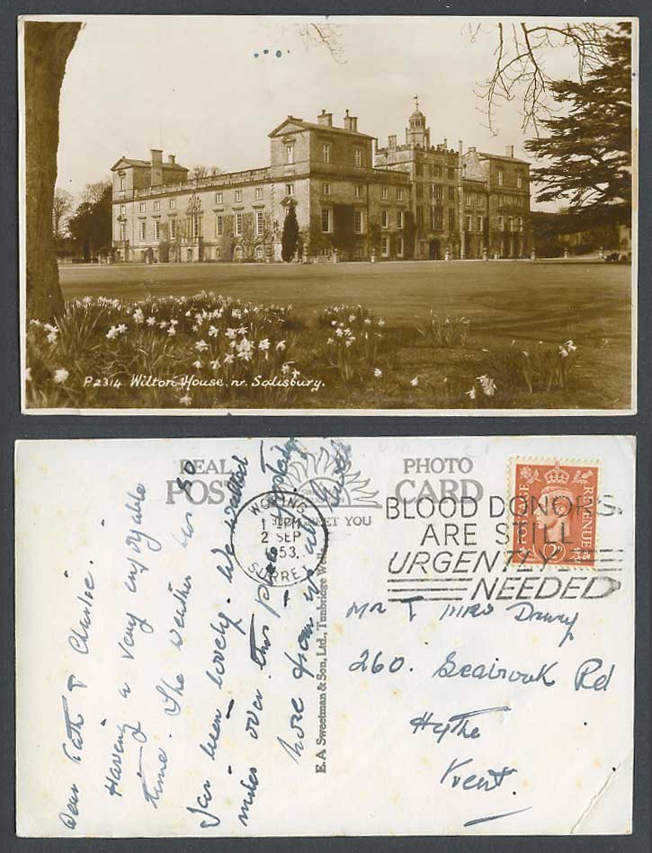 Wilton House nr Salisbury Daffodil Flowers 1953 Old Postcard Blood Donors Needed