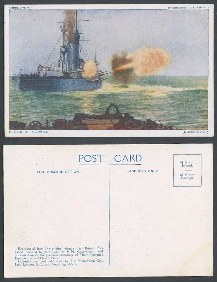 WW1 Britain Prepared 5. Old Postcard Broadside Salvoes, Warship Military Vessels