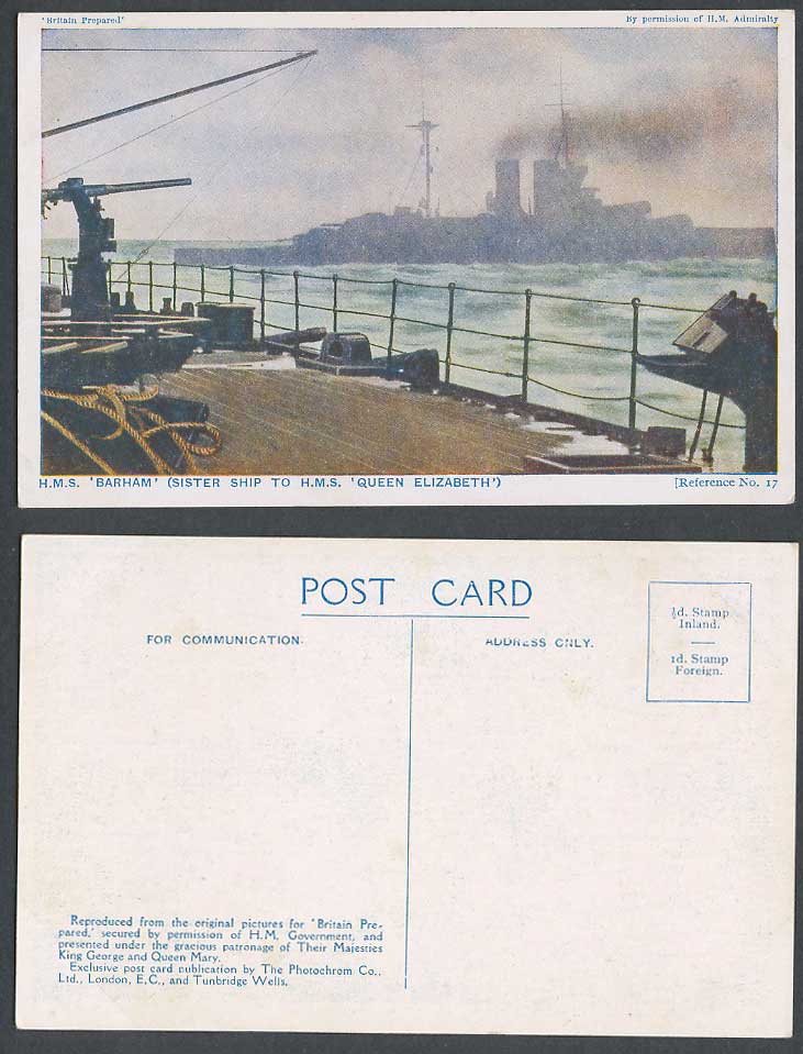 WW1 Britain Prepared 17  Old Postcard H.M.S. Barham Sister Ship Queen Elizabeth