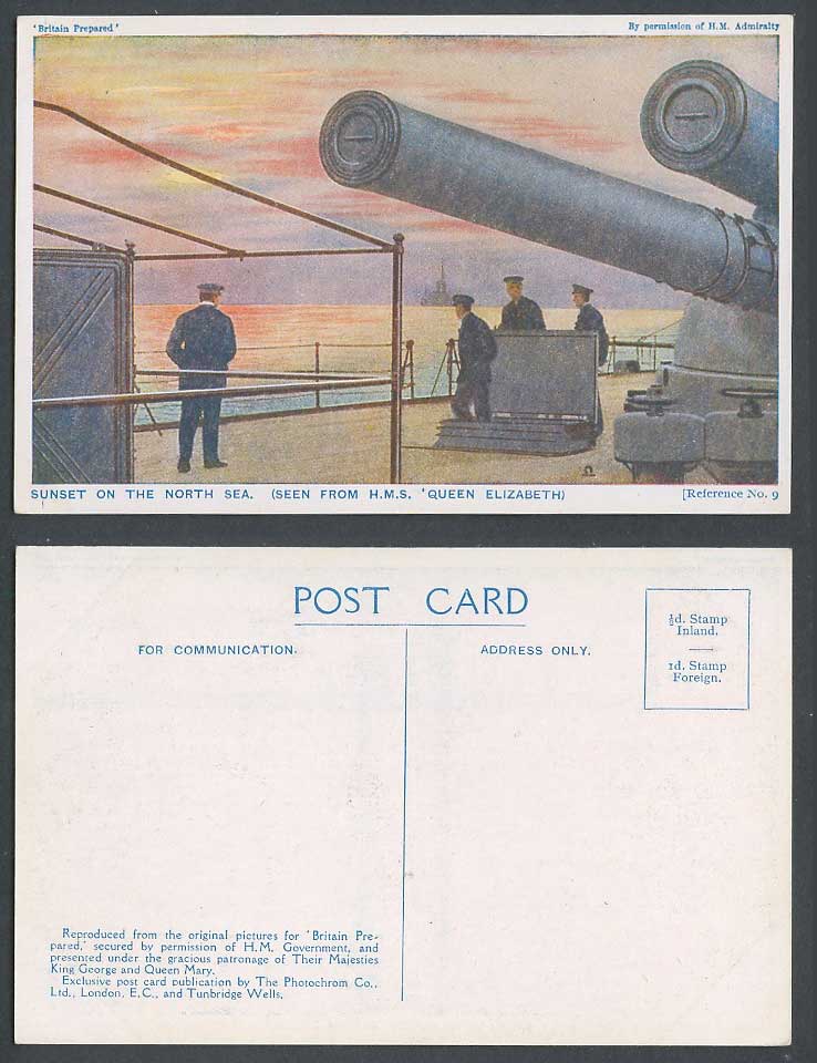 WW1 Britain Prepared 9 Old Postcard Sunset on North Sea - H.M.S. Queen Elizabeth