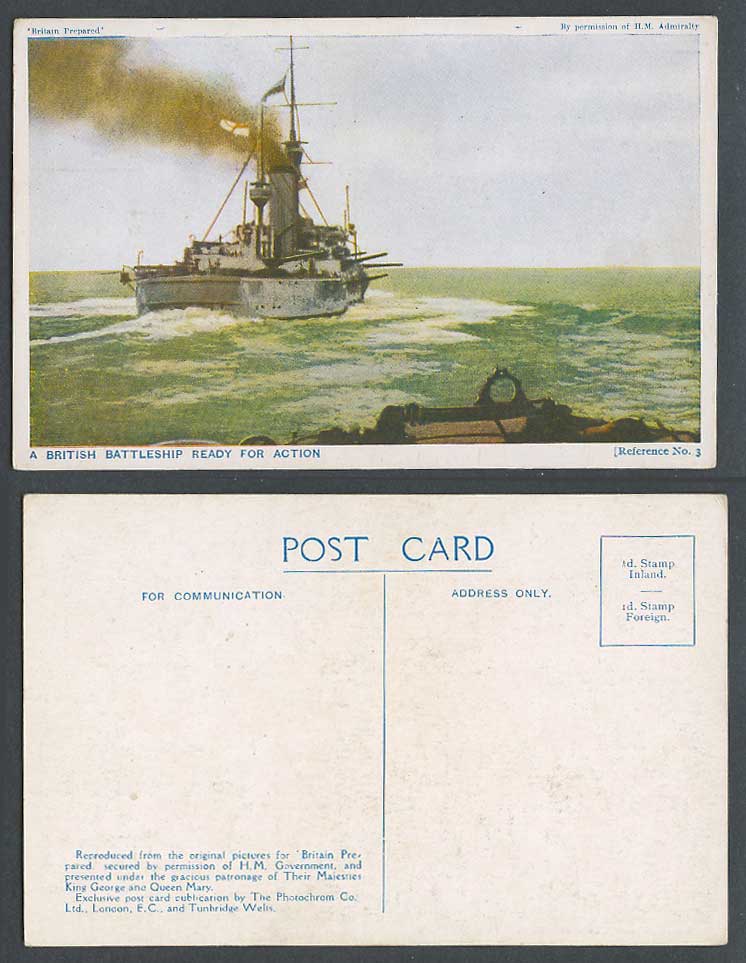 WW1 Britain Prepared 3. Old Postcard A British Battleship Ready for Action, Flag