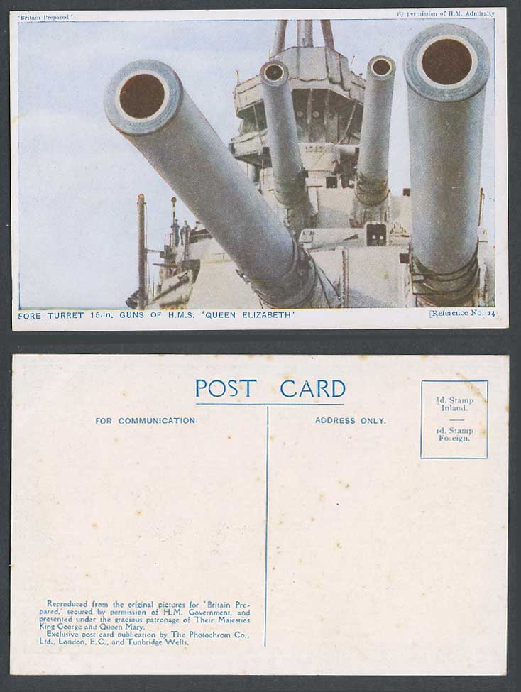 WW1 Britain Prepared 14 Old Postcard Fore Turret 15-in. Guns HMS Queen Elizabeth