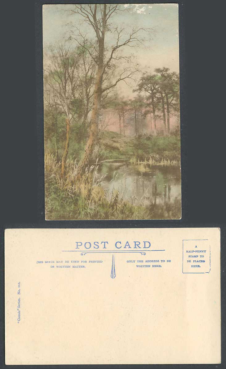 T. Walter Brodie Artist Signed Old Hand Tinted Colour Postcard River Scene, Reed