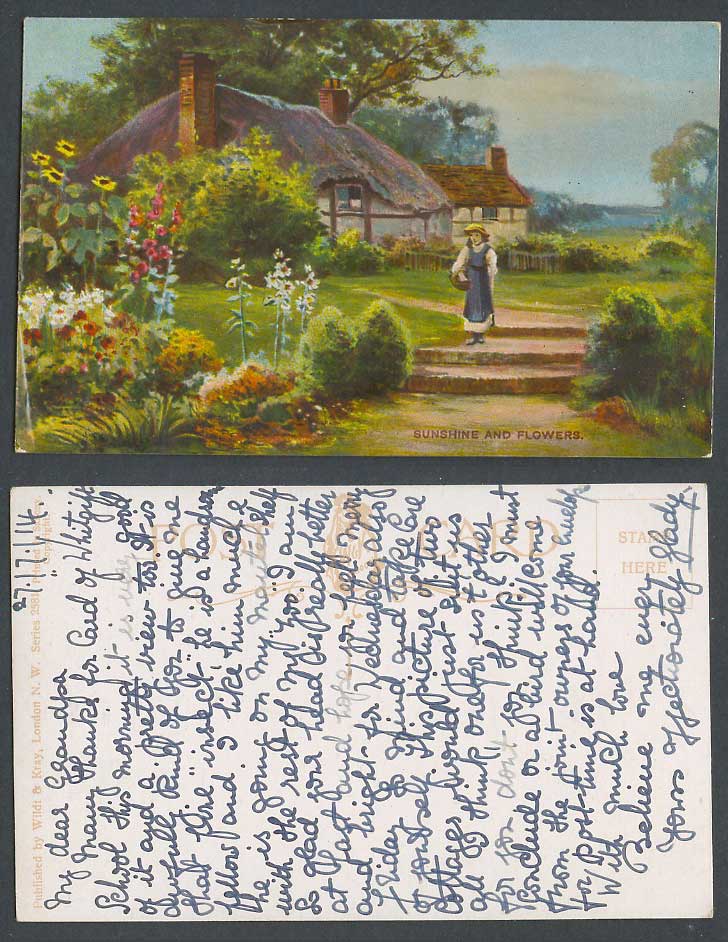 Sunshine and Flowers, Garden Little Girl, Thatched Cottage 1914 Old Art Postcard