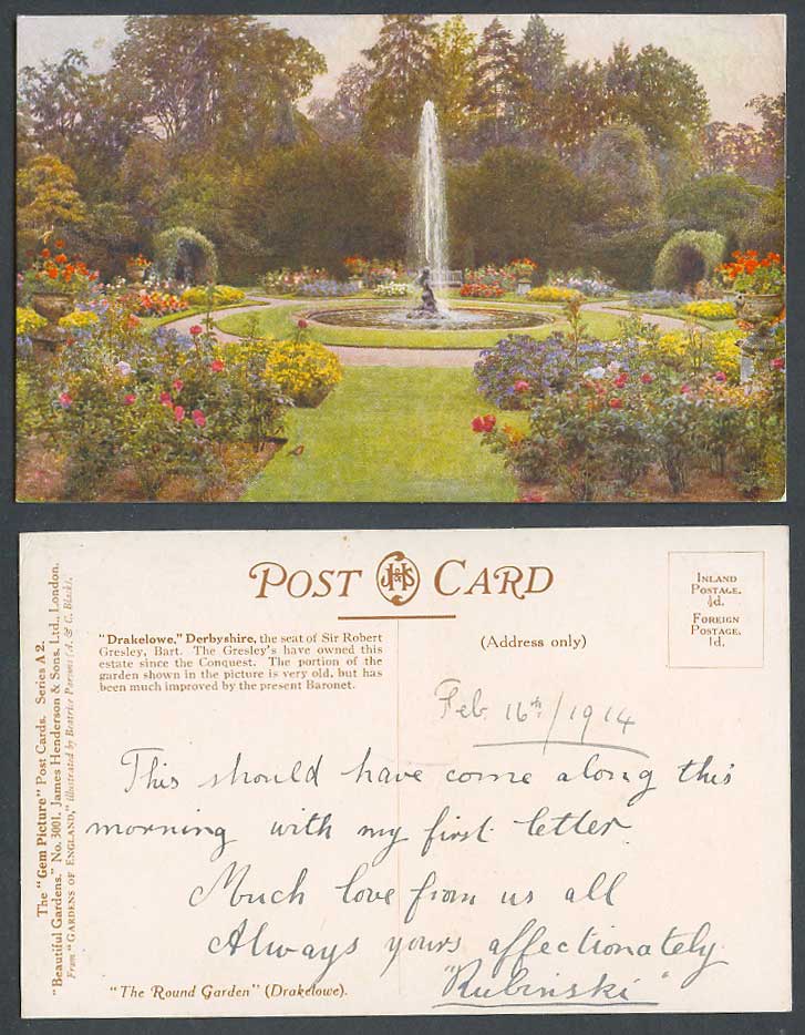Drakelowe Round Garden Fountain Derbyshire by Beatrice Parsons 1914 Old Postcard