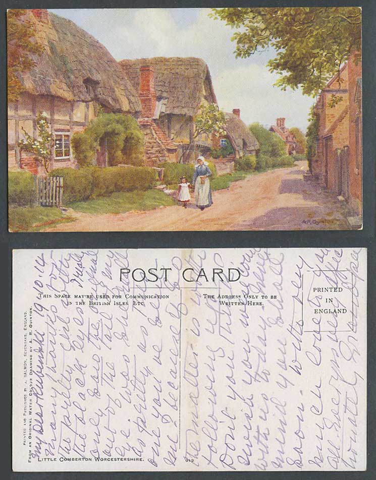 AR Quinton 1914 Old Postcard Little Comberton Worcestershire Thatchd Cottage 912