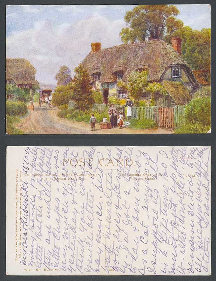 A.R. Quinton 1914 Old Postcard Wick Nr. Evesham Thatched Cottage Horse Coach 913
