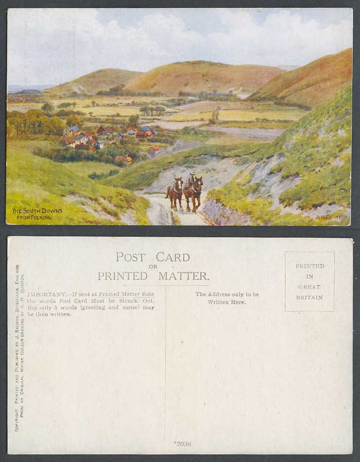 AR Quinton Old Postcard The South Downs from Fulking, Horses Hills Panorama 2036