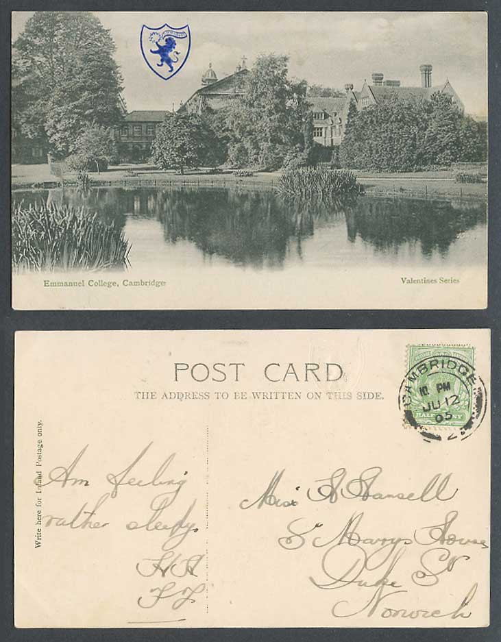 Emmanuel College University of Cambridge 1905 Old Postcard Embossed Coat of Arms