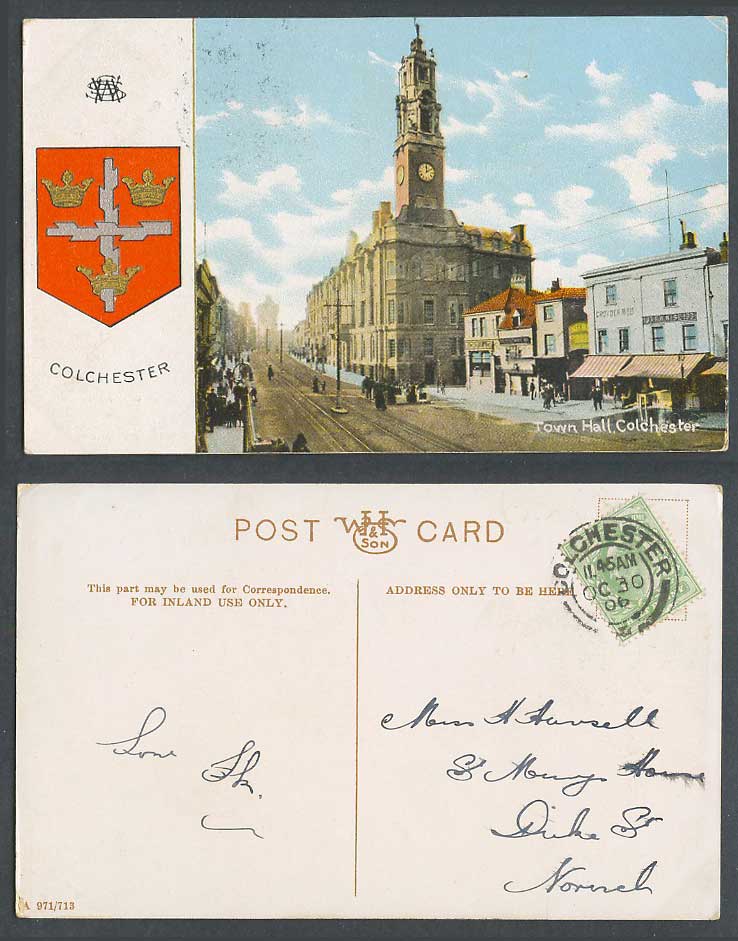 Colchester, Town Hall, Clock Tower 1906 Old Postcard Coat of Arms & Street Scene
