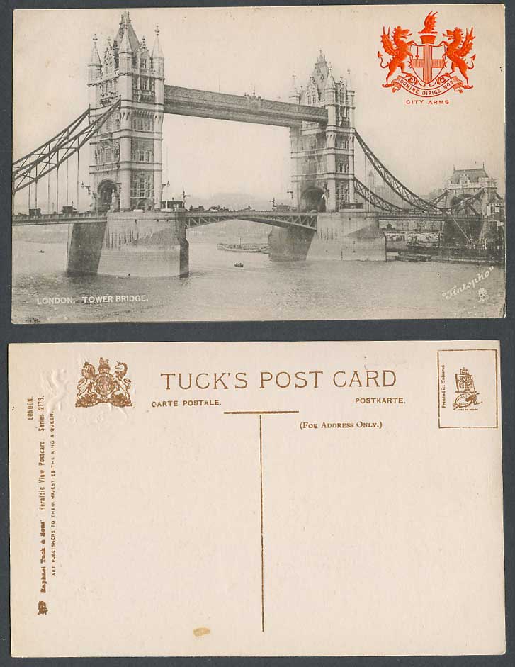 London City Arms Tuck's Heraldic View Old Postcard Tower Bridge and Thames River